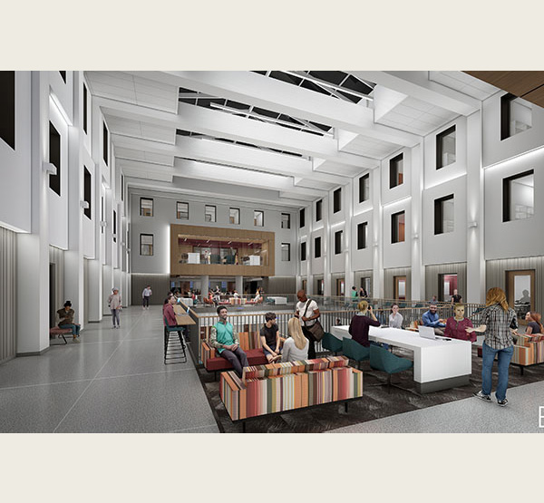 A rendering shows what the atrium at Bachelor Hall will look like when the building hosts classes beginning in fall 2026.