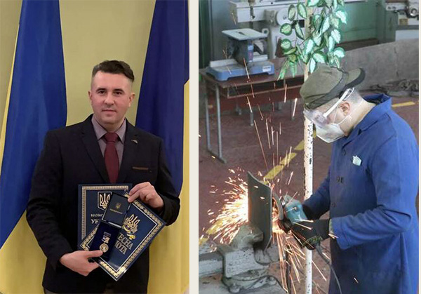 Left, Ukrainian scholar Borys Prydalnyi received an award for his research in Kyiv, Ukraine before the war. Right, Prydalnyi working in his engineering lab making body armor during the early months of the war.