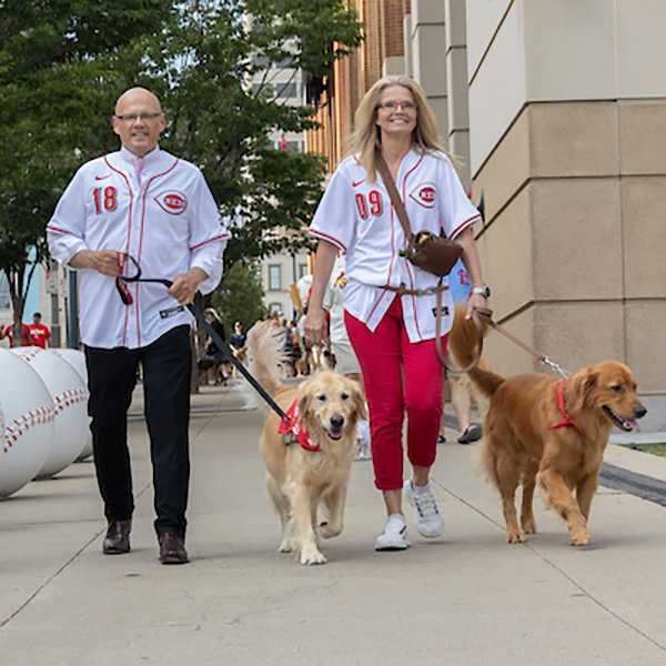 Miami University President Gregory Crawford and University Ambassador Dr. Renate Crawford participated in Bark in the Park at Great American Ball Park last August with their dogs, Ivy and Newton.