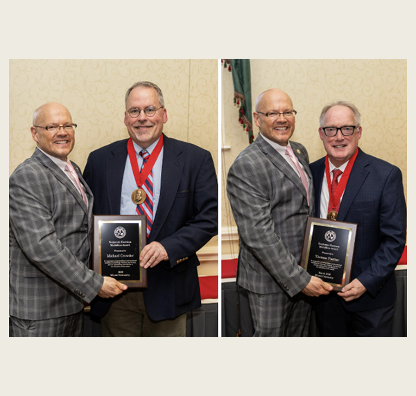 Miami University President Gregory Crawford, left, awarded the Benjamin Harrison Medallion to Michael Crowder, associate provost and dean of the Graduate School, left, and Thomas Poetter, professor of Educational Leadership, right (photo by Ricardo Treviño).