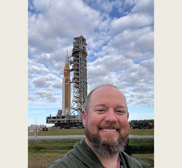 Jeff Triplett took this photo of himself during the first rollout for Artemis II in January (photo courtesy of Jeff Triplett).
