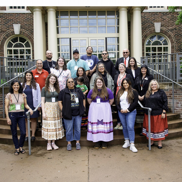 Leaders with the National Breath of Life Archival Institute for Indigenous Languages (NBoL) and Myaamia Center stand with leaders of the Miami Tribe of Oklahoma and 13 citizens from 10 Indigenous communities in California, Oregon, Wisconsin, and Oklahoma who are participating in the NBoL apprenticeship program.