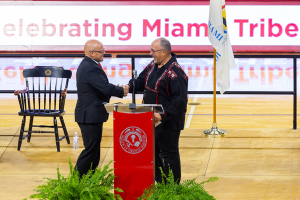 Miami University President Gregory Crawford and Miami Tribe of Oklahoma Chief Douglas Lankford