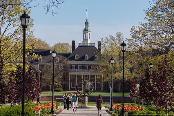 Spring campus MacCracken Hall and sundial