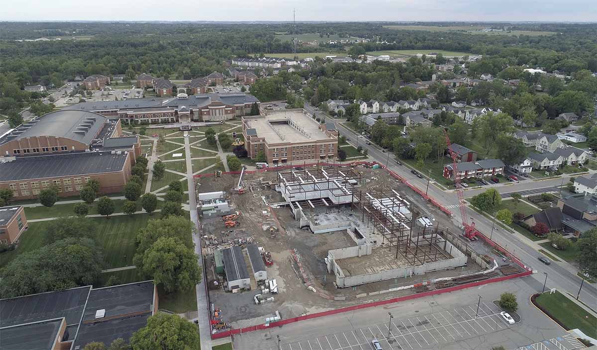 Aerial view of the building foundation during early construction