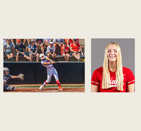 Karli Spaid in uniform and swinging the softball bat.