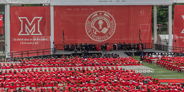 Miami University students gather for spring commencement 2024 at Yager Stadium.