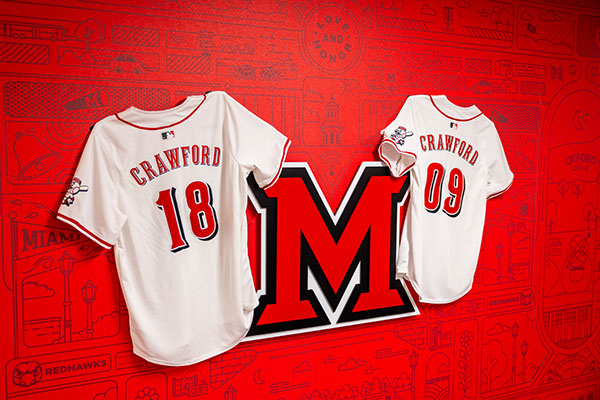 Miami University President Greg Crawford and University Ambassador Dr. Renate Crawford will wear these jerseys during the Cincinnati Reds' Bark in the Park event on Aug. 12