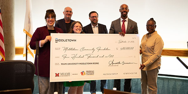 Left to right: Mayor Elizabeth Slamka, City Council Member Paul Horn, Middletown Community Foundation Executive Director Sarah Nathan, City Council Member Steven West, Vice President & Dean Ande Durojaiye, and City Council Member Jennifer Carter.