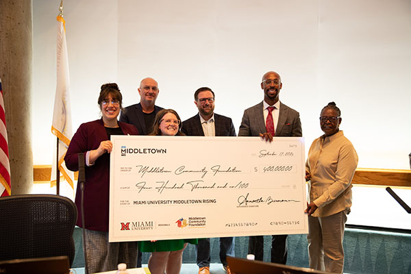 Left to right: Mayor Elizabeth Slamka, City Council Member Paul Horn, Middletown Community Foundation Executive Director Sarah Nathan, City Council Member Steven West, Vice President & Dean Ande Durojaiye, and City Council Member Jennifer Carter.