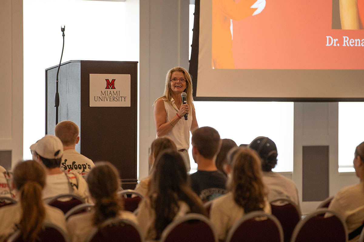 University Ambassador Dr. Renate Crawford talks to participants in Armstrong Student Center during the second RedHawk Day of Service on Aug. 31.