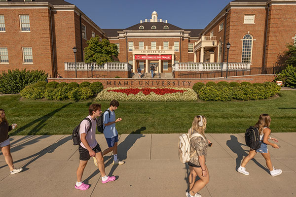 Students walk on Miami University's Oxford campus