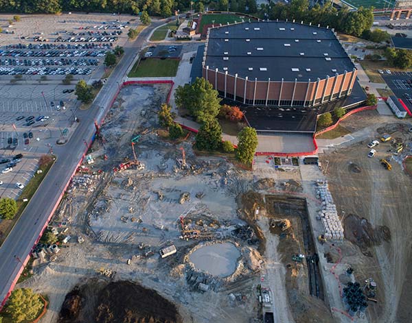 drone view of geothermal well drilling at Millett Hall lawn