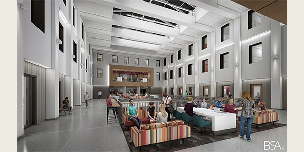 A rendering shows what the atrium at Bachelor Hall will look like when the building hosts classes beginning in fall 2026. 