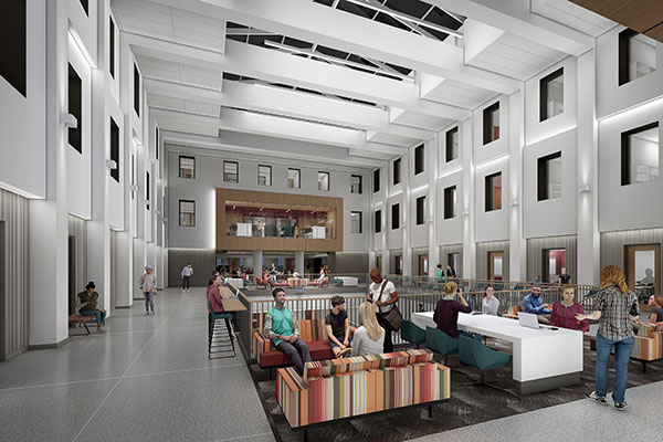 A rendering shows what the atrium at Bachelor Hall will look like when the building hosts classes beginning in fall 2026. 