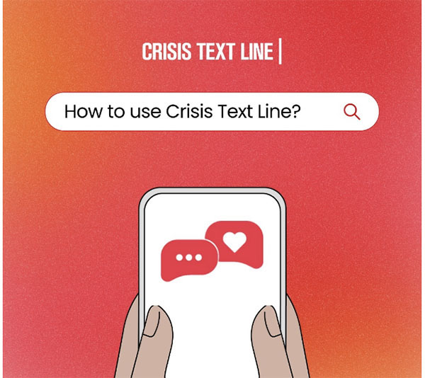 Crisis text illustration showing the words how to use crisis text line and a phone with three dots and a heart