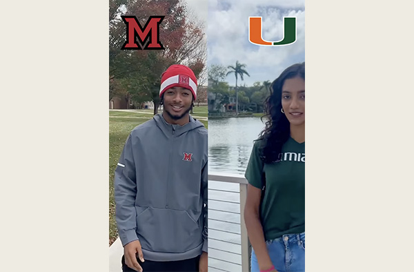 Miami student Ambe and a University of Miami student in side-by-side Instagram video screenshot