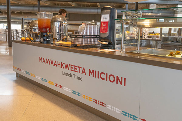 Western Dining Hall counter with Myaamia words for lunch time