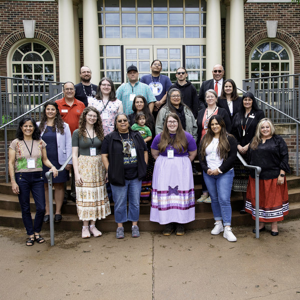 National Breath of Life Archival Institute for Indigenous Languages and Myaamia Center staff stand in 2024 with leaders of the Miami Tribe of Oklahoma and citizens from 10 Indigenous communities in California, Oregon, Wisconsin, and Oklahoma who are participating in the apprenticeship program (photo by Karen Baldwin, Miami Tribe of Oklahoma).