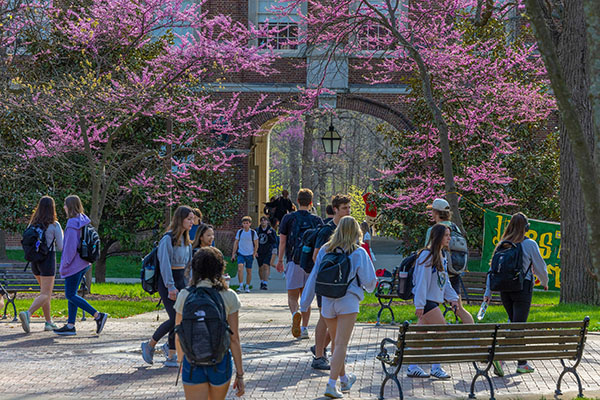 Students walk at Upham Hall on Miami University's Oxford campus