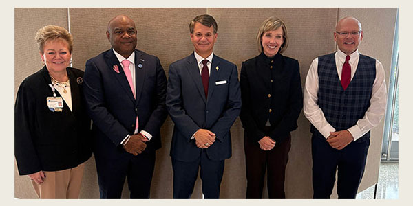(L-R): The Christ Hospital Health Network President and CEO Debbie Hayes, NEOMED Board Chair Darrell McNair, NEOMED President Dr. John Langell, Chair of The Christ Hospital Health Network Board Chair Amy Hanson, and Miami University President Gregory Crawford gathered in Cincinnati on Oct. 21 to discuss the healthcare education goals of their collaboration.