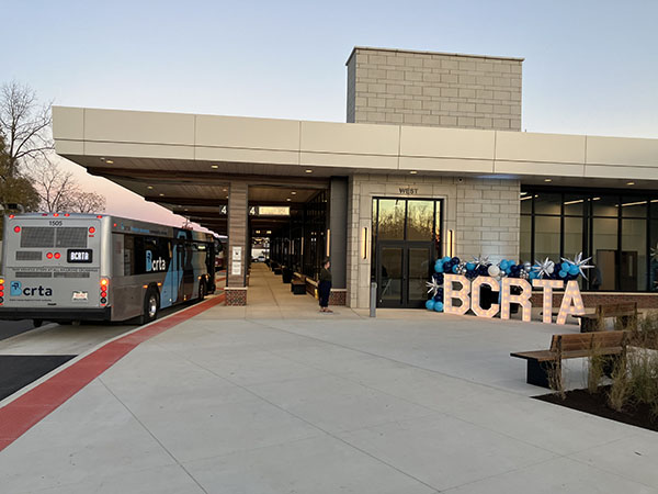Chestnut Street Station exterior with a light up word "BCRTA"