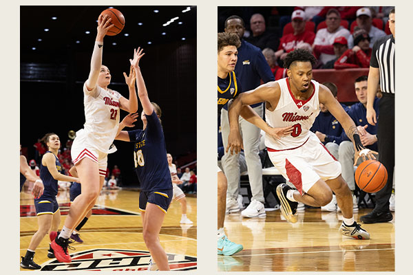 Photos of Miami University women's basketball and men's basketball on tan background