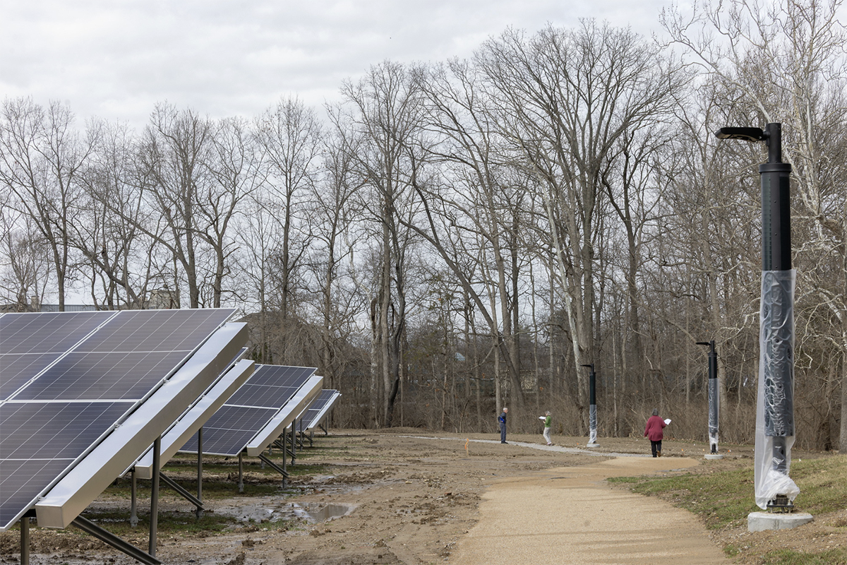 sustainability park path and a solar light post