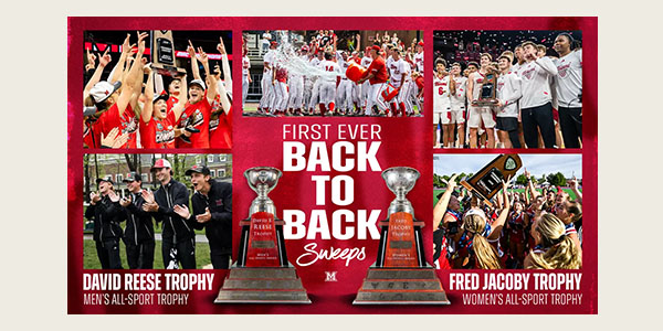 Graphic with photos of Miami University athletics teams and words First Ever Back to Back Sweeps