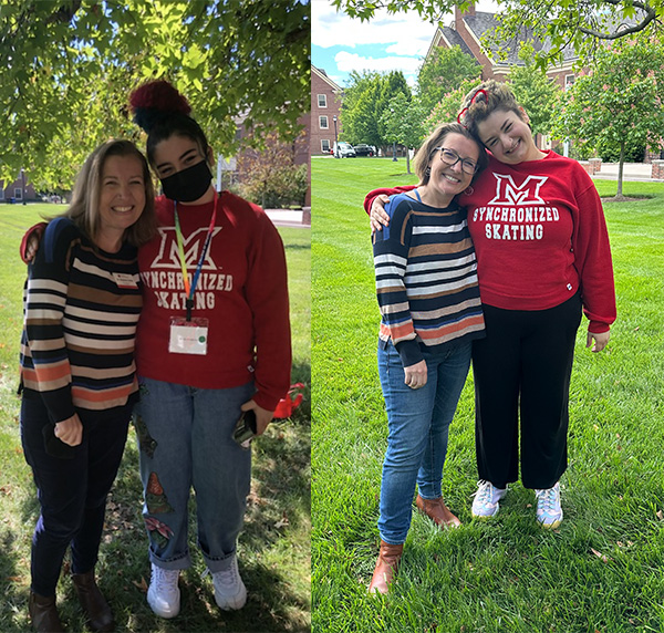 Side by side photos of a then  - 2021- and now -2026 - pose with Stephanie Danker and Isa Obradovich posing under a tree on campus 